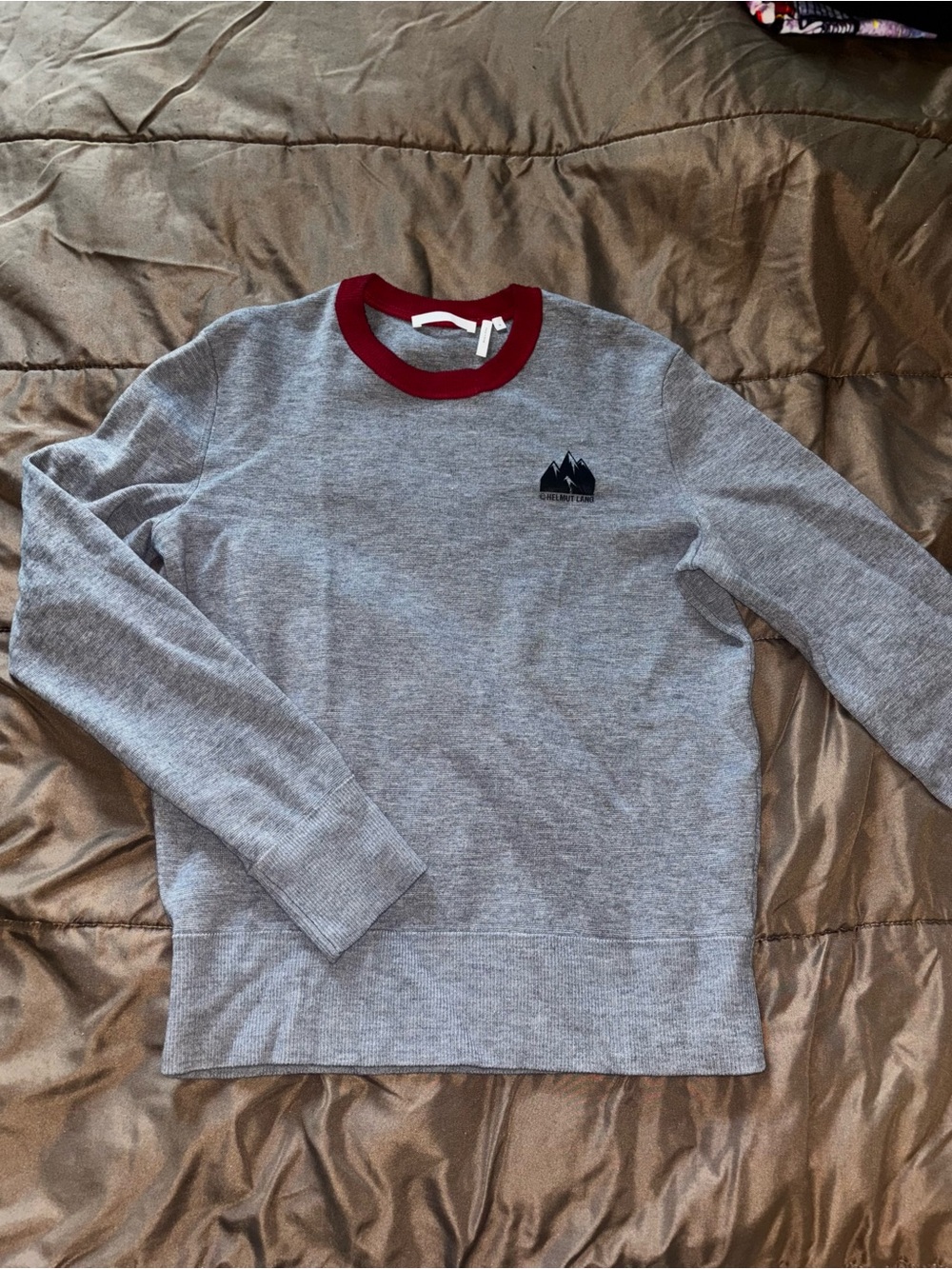 Helmut Lang Light Gray Crewneck Sweater with Red Trim